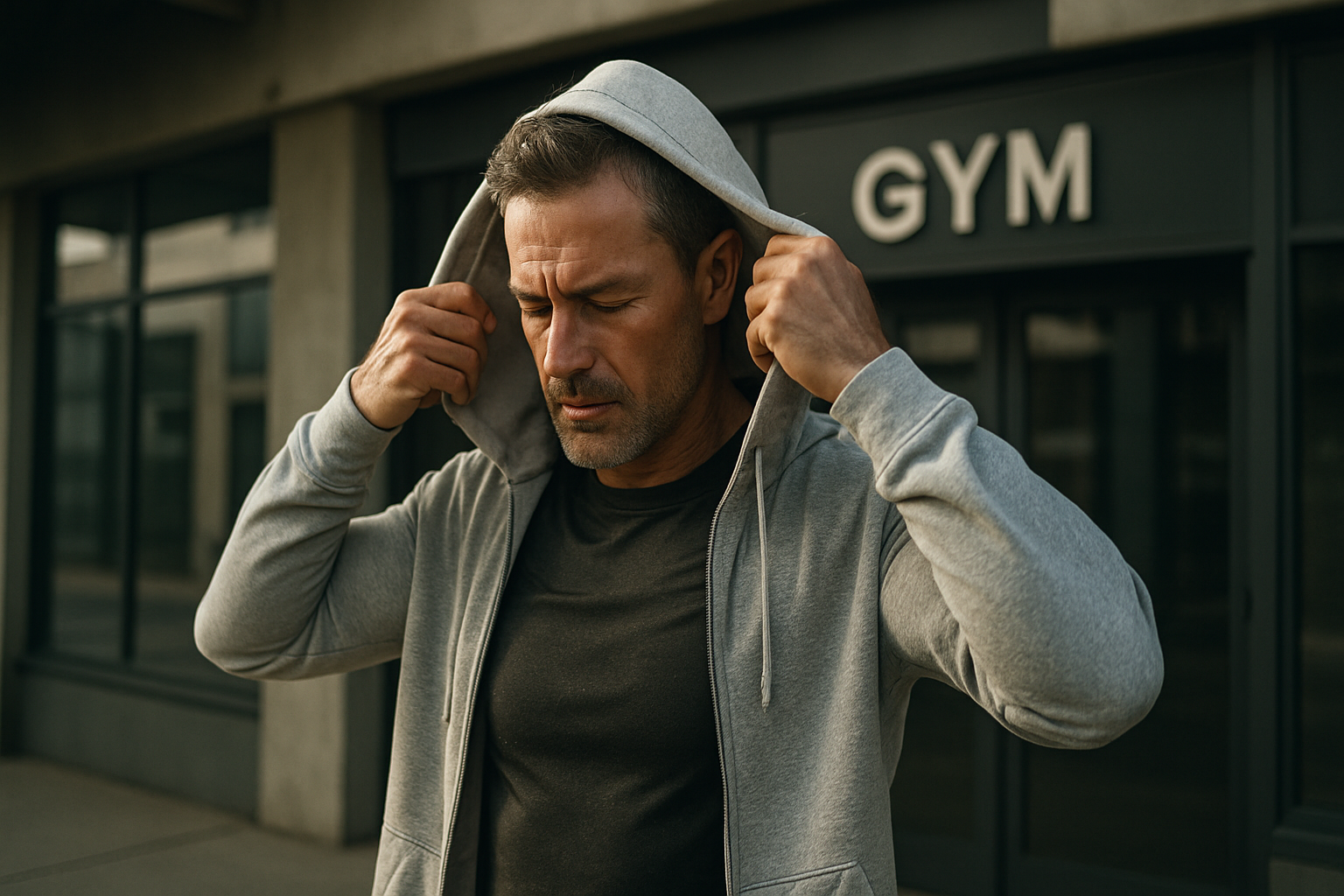 Focused middle-aged man pulling on a gym hoodie after workout, symbolizing men’s strength, recovery, and discipline — Alpha Rise men’s health supplements.