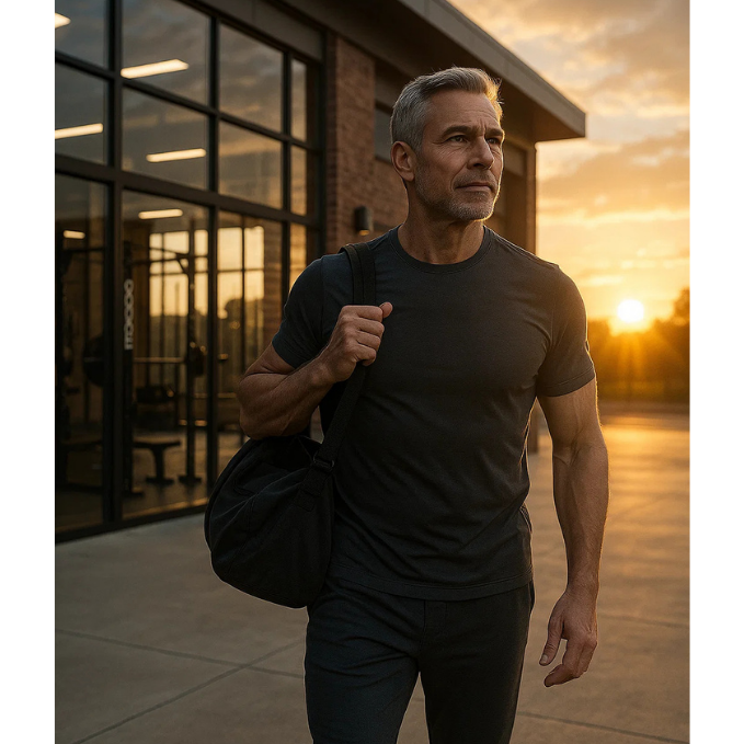 Middle-aged man walking confidently after workout at sunset, representing Alpha Rise’s science-backed supplements for men’s health and vitality.