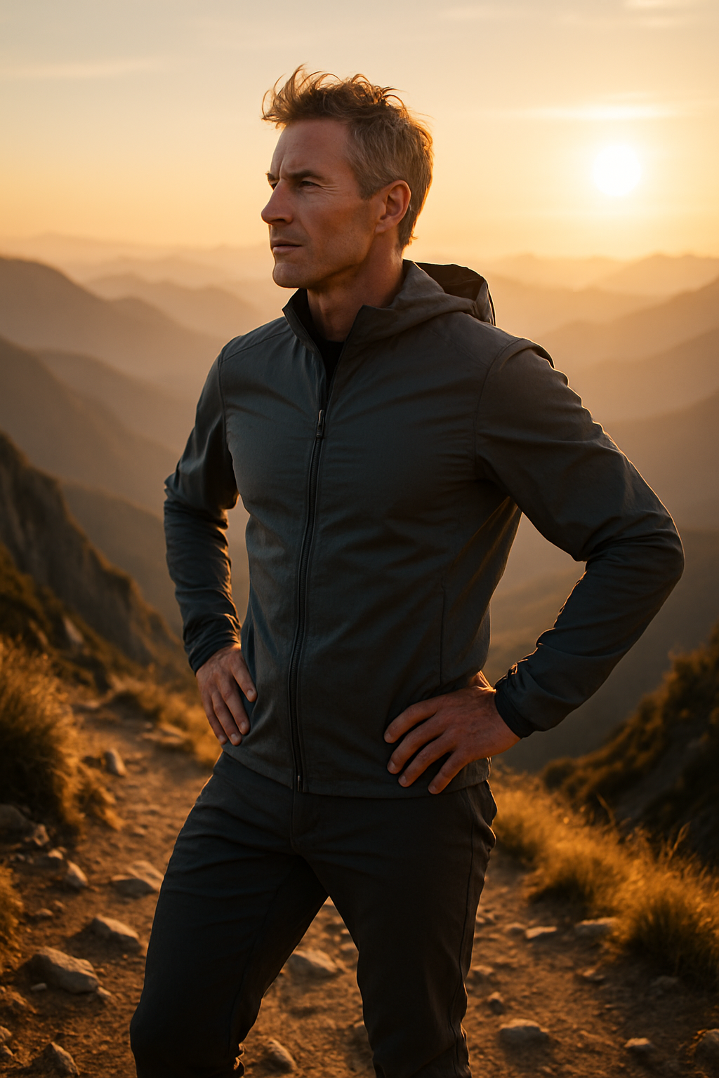 Fit middle-aged man standing on a mountain trail at sunrise, hands on hips, looking out over the horizon — symbolizing strength, resilience, and vitality for men over 40.